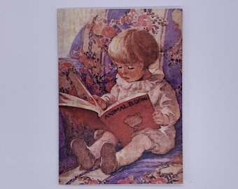 Jessie Willcox Smith Art Card. Small Child Reading 'The Animal Book'. 7x5 inches. Luxury Textured Matt.