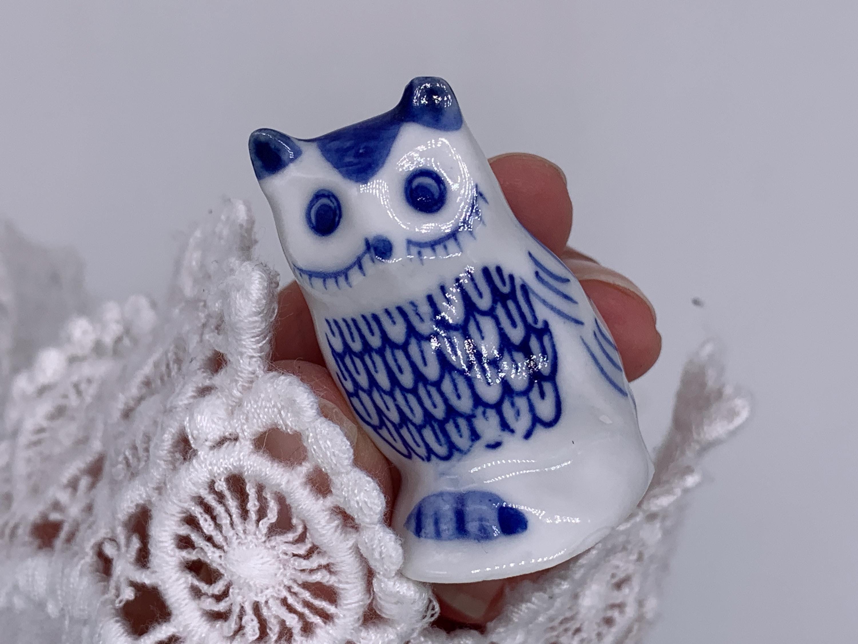 Vintage Miniature Owl. Delft Blue Holland Style Small Owl Porcelain Ornament.