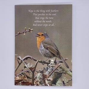 Carte L'espoir, c'est la chose avec des plumes. Poème d'Emily Dickinson. Carte poème espoir.  Carte poème Robin. Carte de merle d'hiver. 7 x 5 pouces. Fabriqué au Royaume-Uni