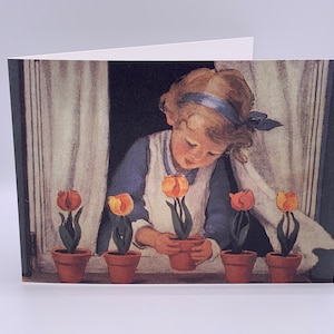 Tulpen kunstkaart.  Little Girl 'Tulpen potten' uit de jaren 1920 Good Housekeeping van kunstenaar Jessie Willcox Smith. Nostalgische kunstkaart voor kleine meisjes.