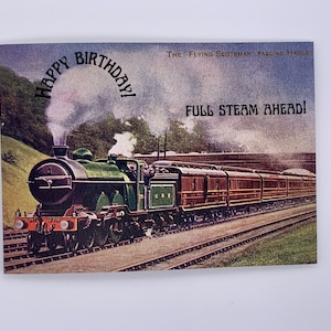 Verjaardagskaart stoomtrein. Verjaardagskaart trein. Verjaardagskaart 'The Flying Scotsman' voor hem. Vintage treinkaart. 7 x 5 inch. Gemaakt in het Verenigd Koninkrijk.