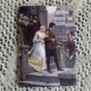 Trouwkaart in vintage stijl. Trouwkaart in middeleeuwse stijl. Bruiloft kunstkaart. 'Call to Arms' Edmund Leighton. Trouwkaart ridder in harnas.
