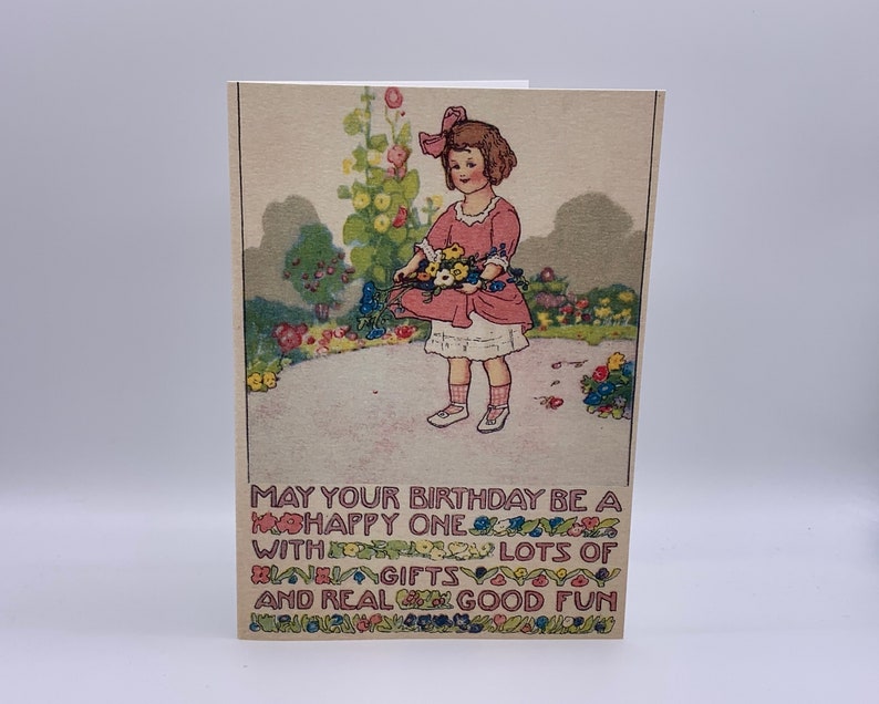 Vintage Style Birthday Card. Little Girl in Pink Dress Retro Birthday ...