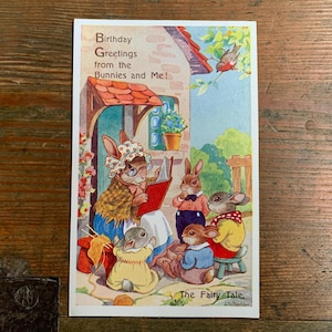 Das Märchen. 1930er Jahre Vintage Geburtstag Kinder Postkarte. Enid Blyton Illustratorin E.H. Davie.  Vintage Bunnies-Geburtstags-Postkarte. PC224