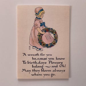 Carte d'anniversaire de style vintage. Carte d'anniversaire rétro. Petite fille à l'ancienne avec une couronne d'anniversaire. 7 x 5 pouces. Carte de fleurs d'anniversaire.