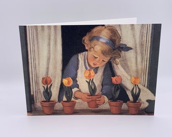 Tulips Art Card.  Little Girl 'Potting Tulips' from 1920s Good Housekeeping by Artist Jessie Willcox Smith. Little Girl Nostalgic Art Card.