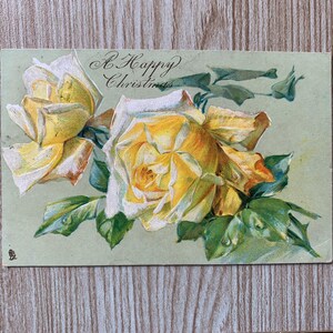 Carte postale antique de roses jaunes c1906 avec message codé secret. Carte postale jaune de rose de Noël. Message secret. Raphael Tuck, fils 8439. PC326