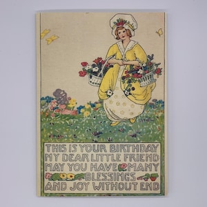 Verjaardagskaart in vintage stijl. Retro verjaardagskaart. Vintage meisje in gele jurk. Ouderwetse verjaardagskaart. 7 x 5 inch. Gemaakt in het Verenigd Koninkrijk.