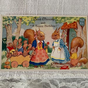 Ein Freundschaftsruf. Eichhörnchen 1930s Geburtstags-Postkarte. Enid Blyton Illustratorin E.H.Davie Vintage Geburtstags-Kinder Postkarte. PC221