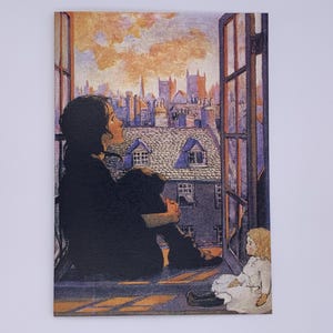 Jessie Willcox Smith-kaart. 'Het meisje voor het raam'. Vintage kunstkaart met klein meisje dagdromen. 7 x 5 inch. Gemaakt in het Verenigd Koninkrijk.
