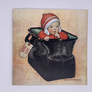 Carte Jessie Willcox Smith : « Mallette de docteur ». Carte beaux-arts pour bébé de style vintage. Carte carrée de 6 x 6 pouces. Enveloppe kraft brune. Blanc à l'intérieur.