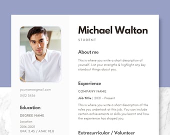 Plantilla de currículum de estudiante de 1 página / Plantilla de currículum creativo para secundaria / Plantilla de currículum universitario profesional Canva / CV de estudiantes universitarios