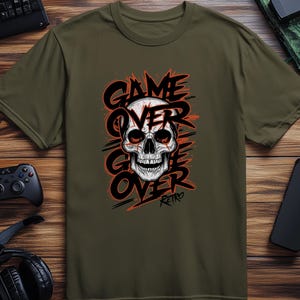 Game Over Skull T-Shirt, Gamer Tee, Retro Gaming, Unique Graphic, Casual Wear, Gift for Gamers, Trendy T-Shirts, Gaming Apparel