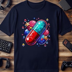 Retro Gaming Pixel Art Pill Design, Arcade Inspired T-Shirt, Unique Gift for Gamers, Vibrant 8-bit Style Tee, Fun Casual Wear