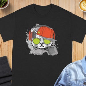 Cool Cat with Headphones and Cap T-Shirt, Trendy Cat Art Tee, Cat Lover Gift, Hipster Cat Shirt, Unique Cat Graphic Tee, Cool Cat Shirt
