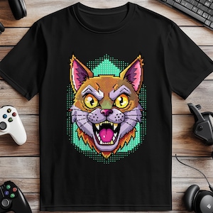 Pixel Art Angry Cat T-Shirt, Gaming Graphic Tee, Retro Pixelated Kitten, Funny Cat Lover Shirt, Gamer Gift Idea