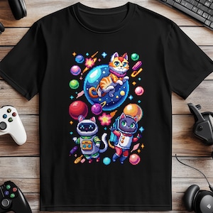 Retro Gaming Pixel Art Cat T Shirt, Cute Space Cat Design Tee, Gamer Pixel Art Cat Illustration Shirt, Fun Geeky Cat Graphic Tee