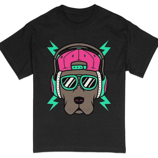 Funky Dog with Headphones T-Shirt, Cool Music Lover Gift, Unisex Graphic Tee, DJ Dog Shirt, Hip Animal Print Top, Street Style Apparel