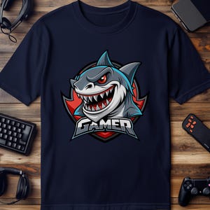 Gamer Shark T-Shirts, Gaming Tees, Shark Graphic T Shirts, Funny Gamer T Shirts, Cool Gaming Apparel, Esports T Shirts, Shark Tshirts