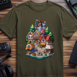 Gaming Pixel Art T-Shirt, Pixel Village Shirt, Retro Gaming Tee, Pixel Art Town, Gamer Gift, 8Bit T Shirt, Pixel T-Shirt