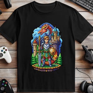 Pixel Art Knight T-Shirt: Retro Gaming Dragon Castle Tee