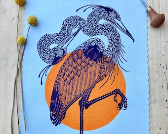 Two-headed blue heron | handmade linocut | limited edition | original linoprint | bird print | A3 size