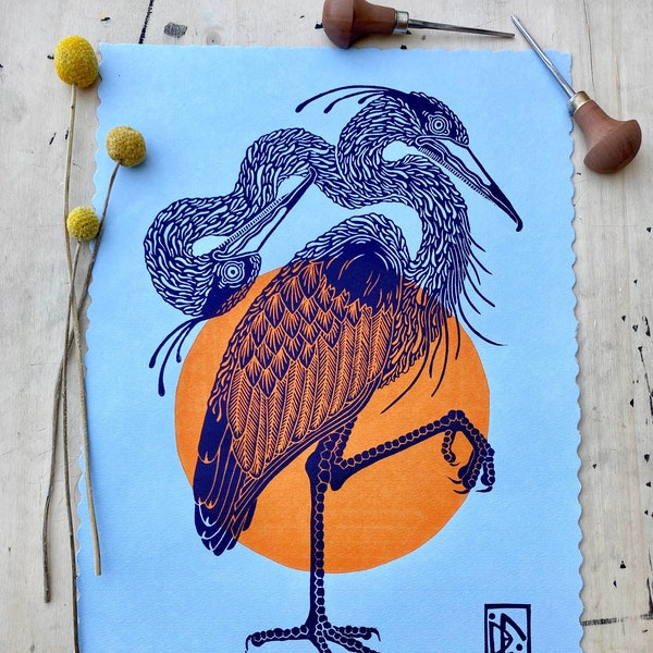 Two-headed blue heron | handmade linocut | limited edition | original linoprint | bird print | A3 size