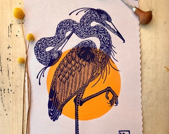 Two-headed blue heron | handmade linocut | limited edition | original linoprint | bird print | A3 size