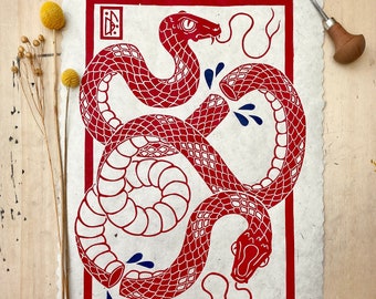 Serpente a due teste | Linoleografia | stampa su linoleum fatta a mano | edizione limitata | stampa multicolore | Formato A3