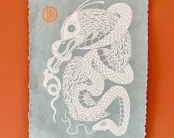 Heron and snake | handmade linocut | limited edition | original linoprint | bird print | A3 size