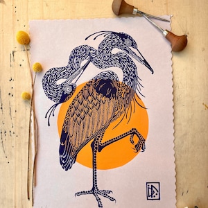 Airone a due teste | stampa su linoleum fatta a mano | edizione limitata | Incisione su linoleum originale | uccello | Motivo animale | Formato A3