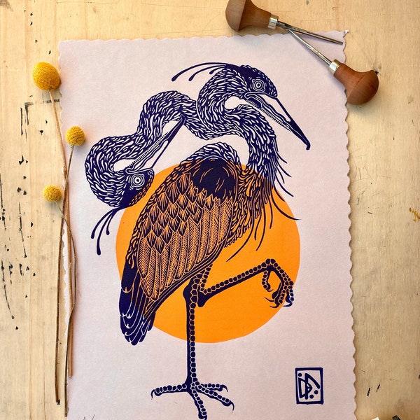 Two-headed blue heron | handmade linocut | limited edition | original linoprint | bird print | A3 size