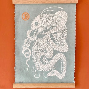 Heron and snake | handmade linocut | limited edition | original linoprint | bird print | A3 size