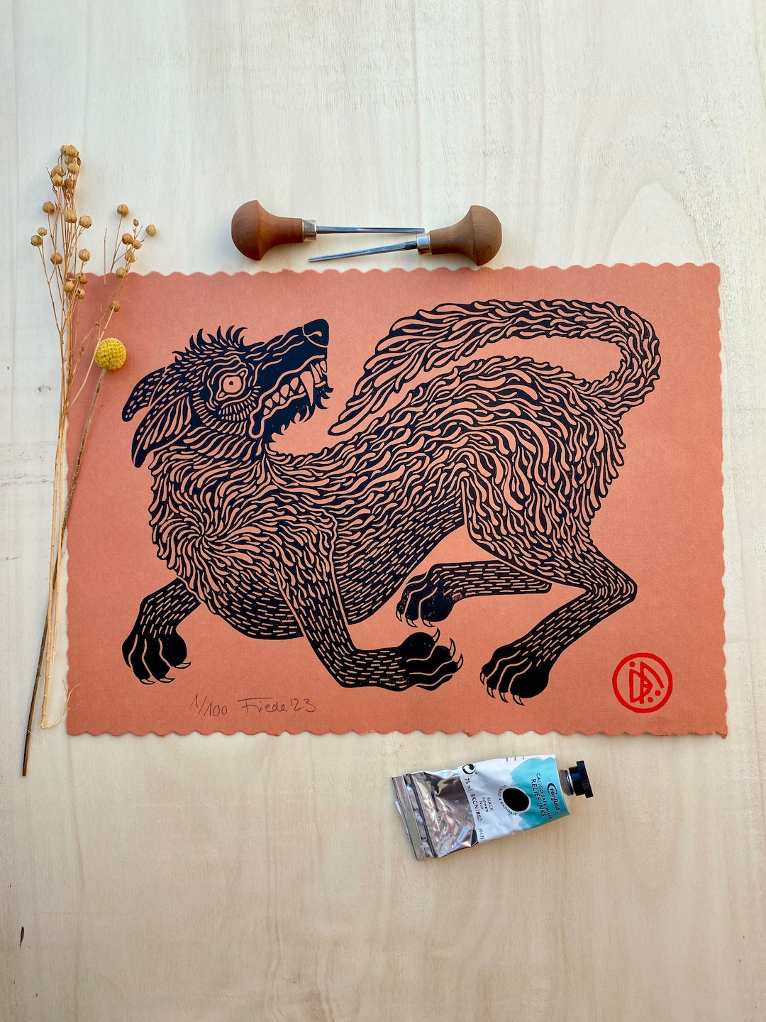 Wolf Handmade Linocut Limited Edition Original Linoprint image