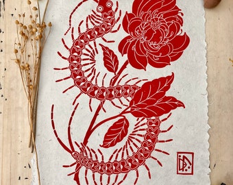 Centipede | original linocut | handmade linoprint | limited edition | peony | A3 size