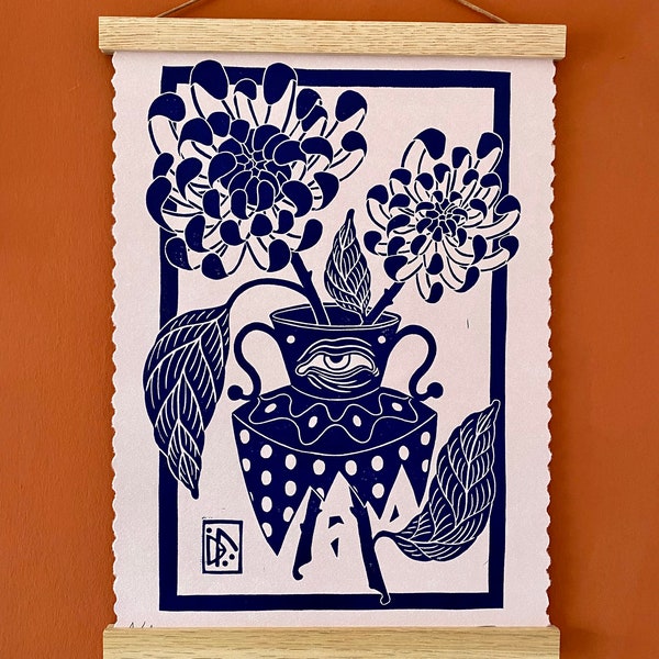 Chrysanthemen in Vase | handgemachter Linoldruck | limitierte Auflage | Original Linolschnitt | Blumen in Vase | A3 Format