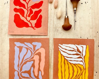 Miniprints | einzeln oder als Set | abstraktes Motiv | handgemachter Linoldruck | limitierte Auflage | farbenfroher Linolschnitt | A5 Format