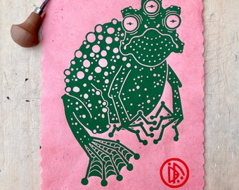 Rospo | Stampa linoleografica realizzata a mano | Edizione limitata | Motivo animale | Stampa colorata | Formato A4