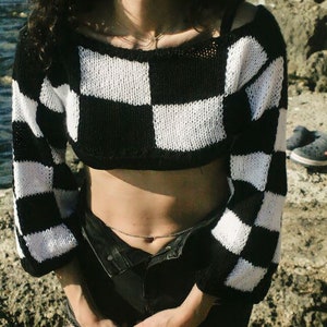 Black and White Checkerboard Sweater Y2k Clothing Square Knit Festival Crop Top Crochet Cropped Shrug Long Sleeved Knit Bolero Pattern