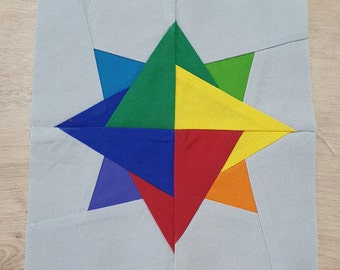 Blok kołdry do druku: tęczowa gwiazda, wzór w kawałkach papieru, przyjazny dla początkujących, nowoczesny FPP, 6-calowe bloki