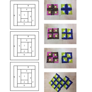 Peut inclure: Un diagramme montrant comment coudre un bloc de courtepointe avec neuf carrés. Les carrés sont numérotés de 1 à 9. Le diagramme est répété trois fois, avec différentes combinaisons de couleurs pour les carrés dans chaque version. La première version a des carrés bruns, roses et verts. La deuxième version a des carrés roses, bruns et verts. La troisième version a des carrés bleus, verts et jaunes.