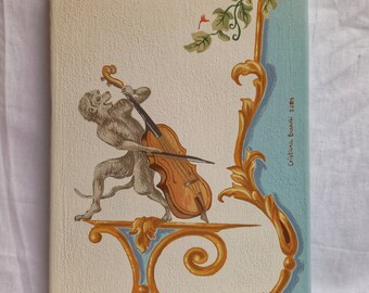 Cuadro pequeño. Pintura decorativa. Estilo grotesco. Listo para colgar. Mono. Sin marco. Ideal para regalo. Decoración animal. Marco pintado.