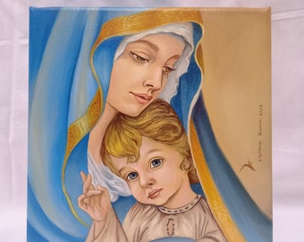 Peinture à l’huile Peinte à la main Enfant Jésus Madonna Peinture sur toile Idée cadeau de Noël Art contemporain Prêt à accrocher sans cadre