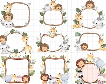 May include: Nine digital frames with watercolor illustrations of animals, including giraffes, lions, elephants, and zebras. The frames are surrounded by green leaves and flowers.