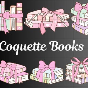 Coquette Books png\ Pink Bookish\ Girly bookish\ ribbon bow booklover clipart Victorian\ vintage book era Preppy books hand drawing set