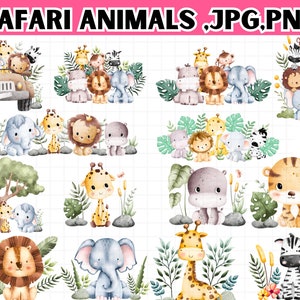 Safari animales acuarela clipart \ Safari animales svg \ Safari animales png \ baby shower svg\ animales lindos png \ safari animales contorno svg