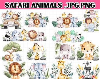 Clipart acquerello animali safari \ Animali safari in formato SVG \ Animali Safari png \ baby shower in formato SVG \ simpatici animali PNG \ Animali safari contorni in formato SVG