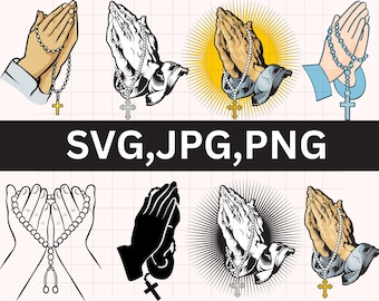 Praying Hands with Rosary SVG: Christian Prayer Clipart (PNG, JPG)