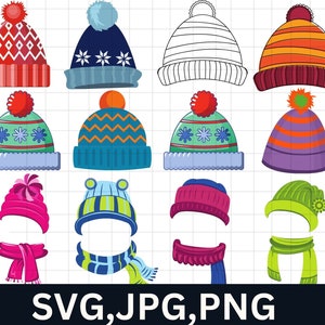 May include: A set of 10 winter hat designs in various colors and patterns, including red and white, blue and white, orange and brown, green and white, and purple and orange. The hats are all in a cartoon style and have a pom-pom on top.