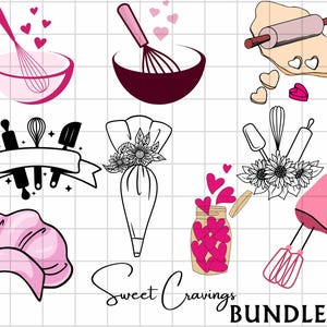 Puede incluir: Ilustraciones con temática de repostería, que incluyen un batidor y un cuenco, un rodillo, un gorro de chef y una batidora de mano. Corazones rosas y detalles florales están dispersos. También está presente el texto "Sweet Cravings BUNDLE".